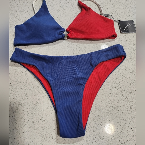 Zaful Red and Blue Color Block Bikini - Picture 2 of 7